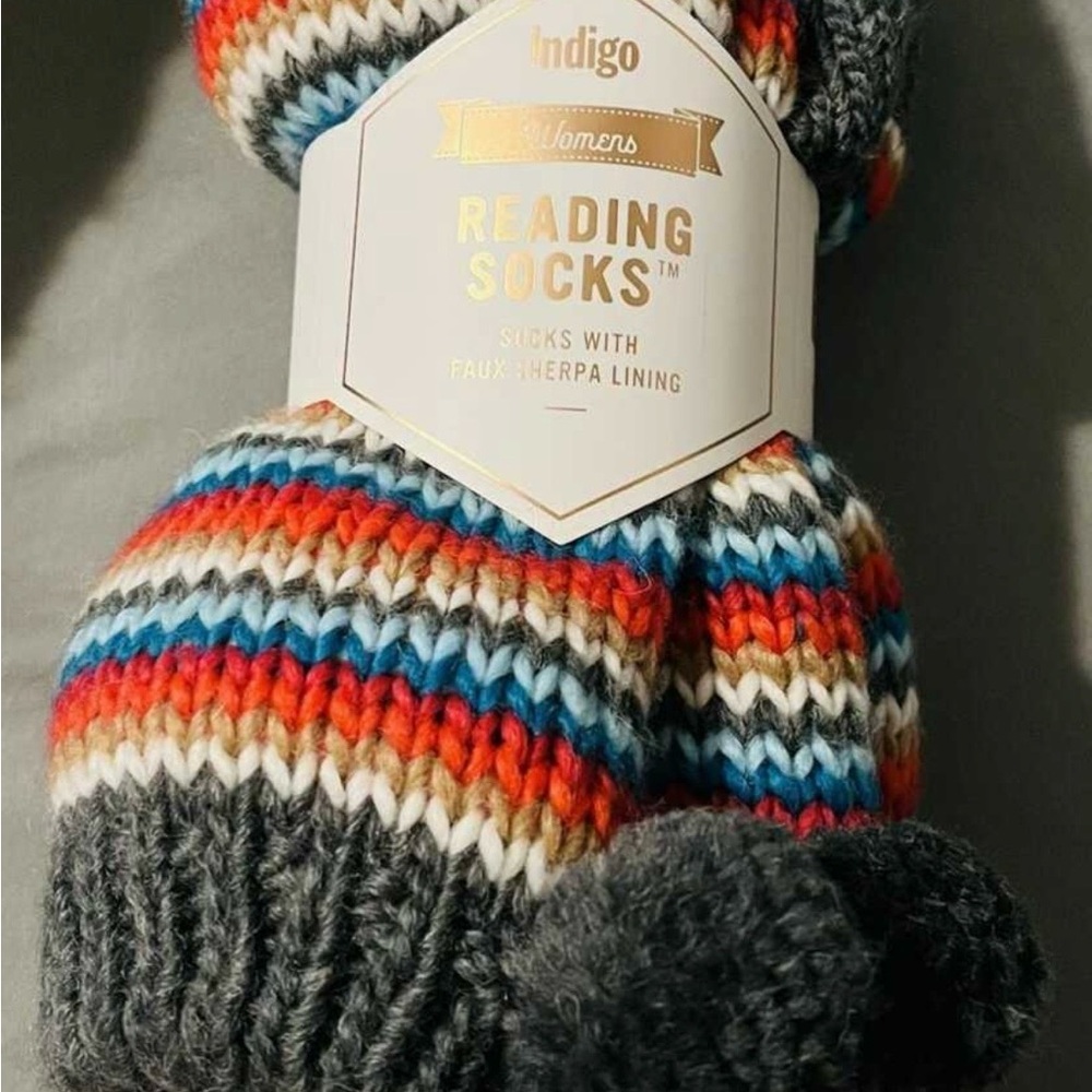 BNWT Indigo Multicolor Striped Reading Socks with Faux Sherpa Lining